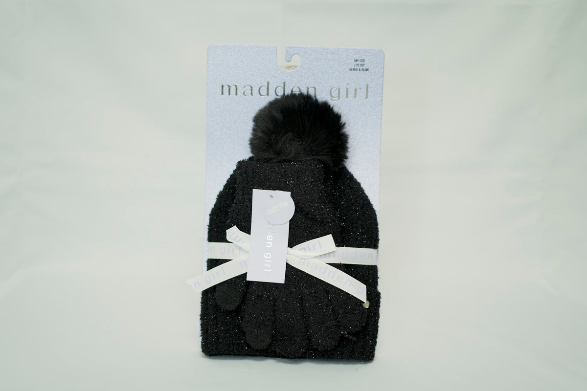 Women’s Glitter Knit Beanie with Faux Fur Pom-Pom – Black