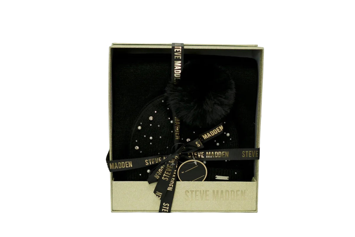 Women’s Rhinestone Beanie with Faux Fur Pom-Pom Gift Set – Black