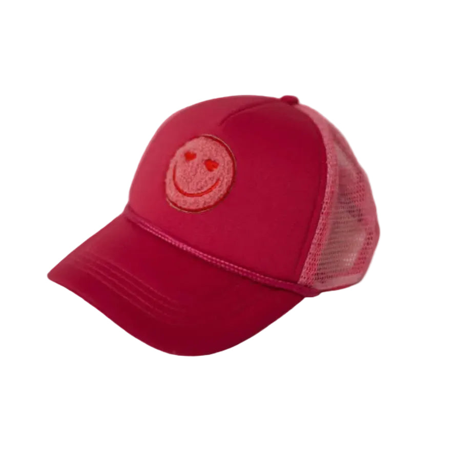 Pink Smiley Face Trucker Hat I Adjustable Mesh Snapback Cap