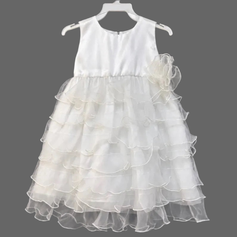 Girls White Tiered Ruffle Party Dress with Floral Accent