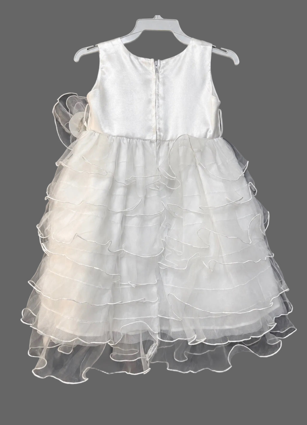 Girls White Tiered Ruffle Party Dress with Floral Accent