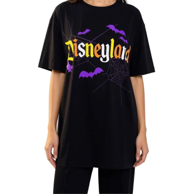 Halloween Black Oversized Graphic T-Shirt – Bats & Spiderweb Design