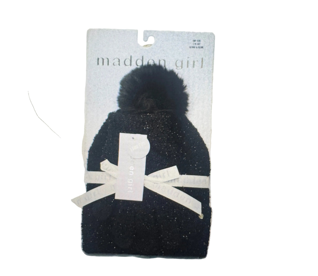 Women’s Glitter Knit Beanie with Faux Fur Pom-Pom – Black