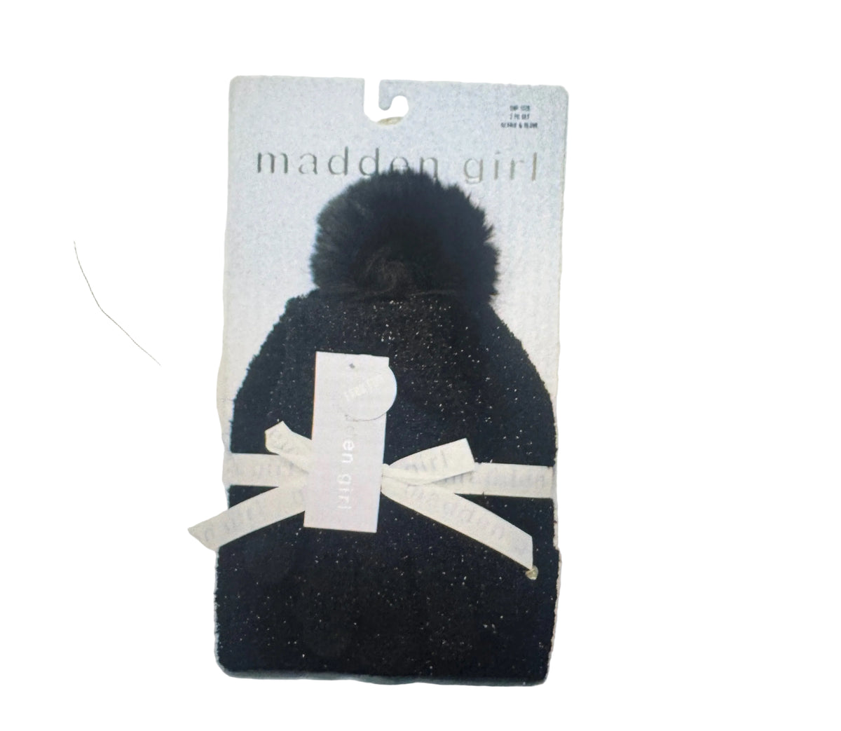Women’s Glitter Knit Beanie with Faux Fur Pom-Pom – Black