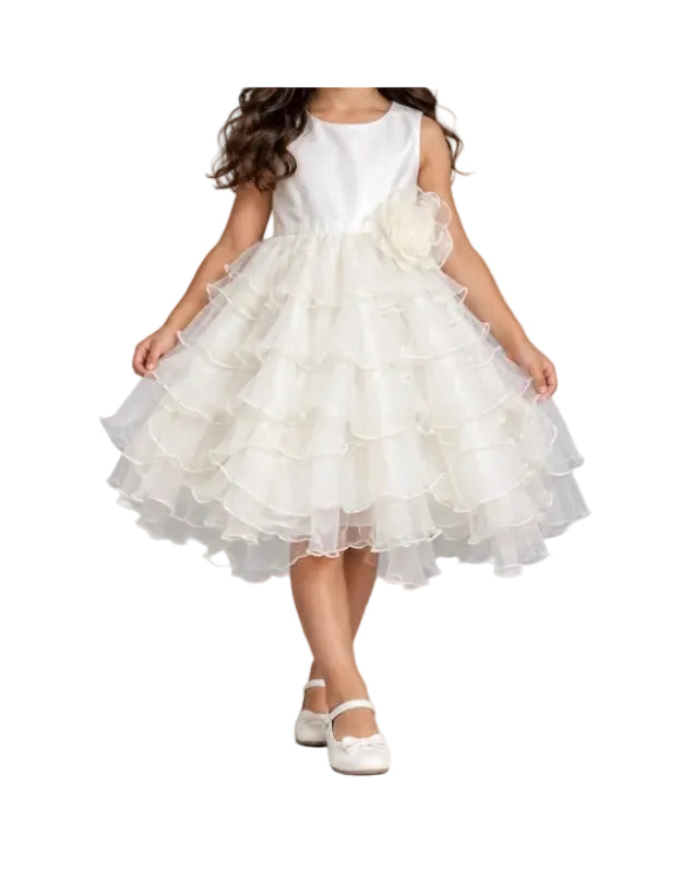 Girls White Tiered Ruffle Party Dress with Floral Accent