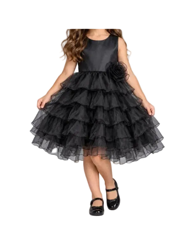 Girls’ Black Tiered Ruffle Party Dress with Floral Accent