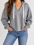 Women’s Gray V-Neck Cropped Hoodie with White Drawstrings