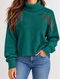 Women’s Emerald Green Turtleneck Sweater with Silver Chain Fringe Detail