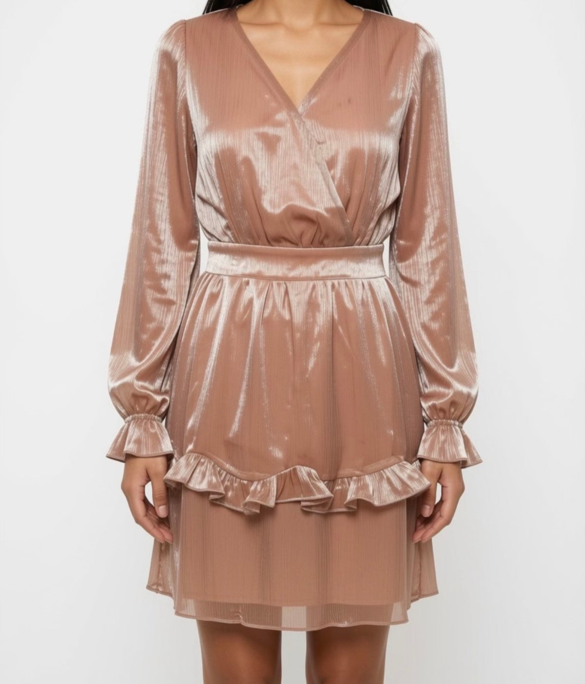 Women’s Rose Gold Velvet Ruffle Long Sleeve Dress
