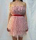Pink Heart Print Tulle Strapless Party Dress w/Red Waist Sash