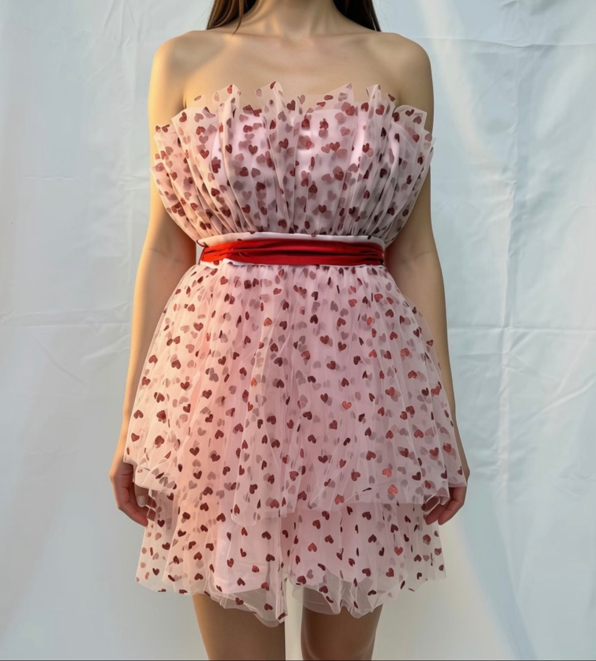 Pink Heart Print Tulle Strapless Party Dress w/Red Waist Sash
