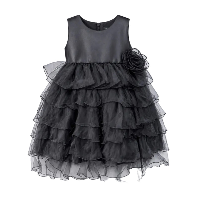 Girls’ Black Tiered Ruffle Party Dress with Floral Accent