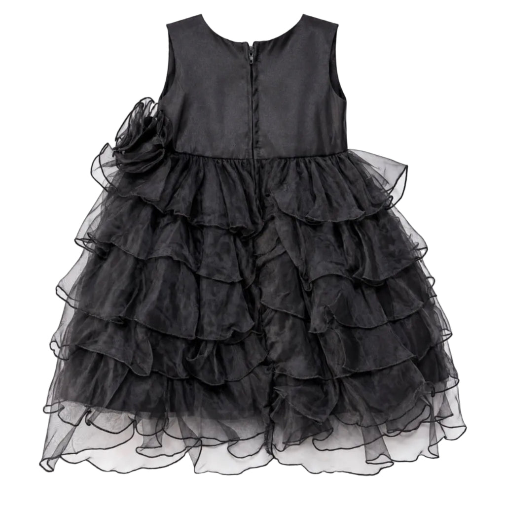 Girls’ Black Tiered Ruffle Party Dress with Floral Accent