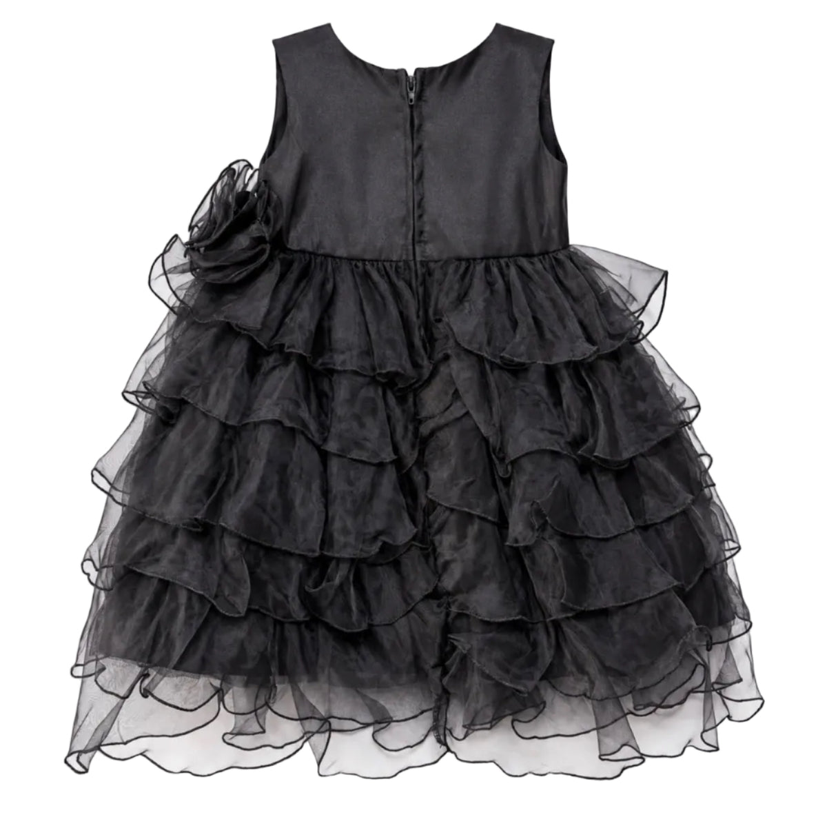 Girls’ Black Tiered Ruffle Party Dress with Floral Accent